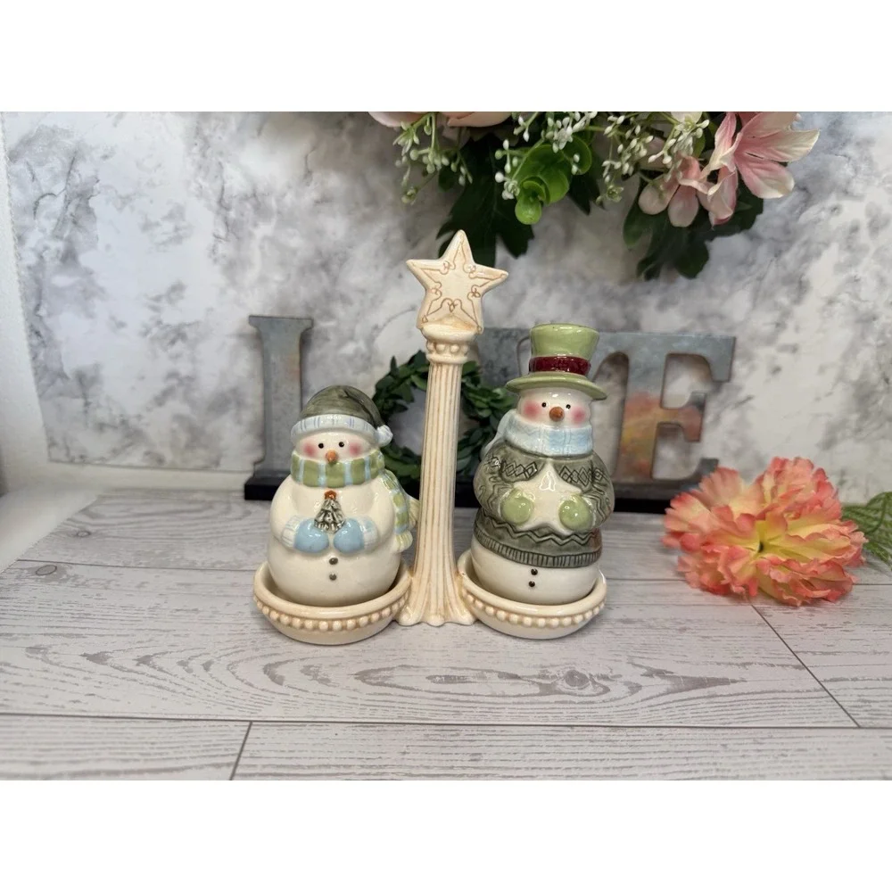Snowman Salt Pepper Shaker with Caddy 3 pc Set 5.5